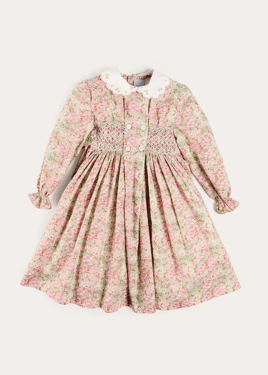 Viola Floral Hand Smocked Double Breasted Embroidered Collar Dress in Green (12mths-10yrs) Dresses from Pepa London