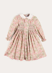 Viola Floral Hand Smocked Double Breasted Embroidered Collar Dress in Green (12mths-10yrs) Dresses from Pepa London