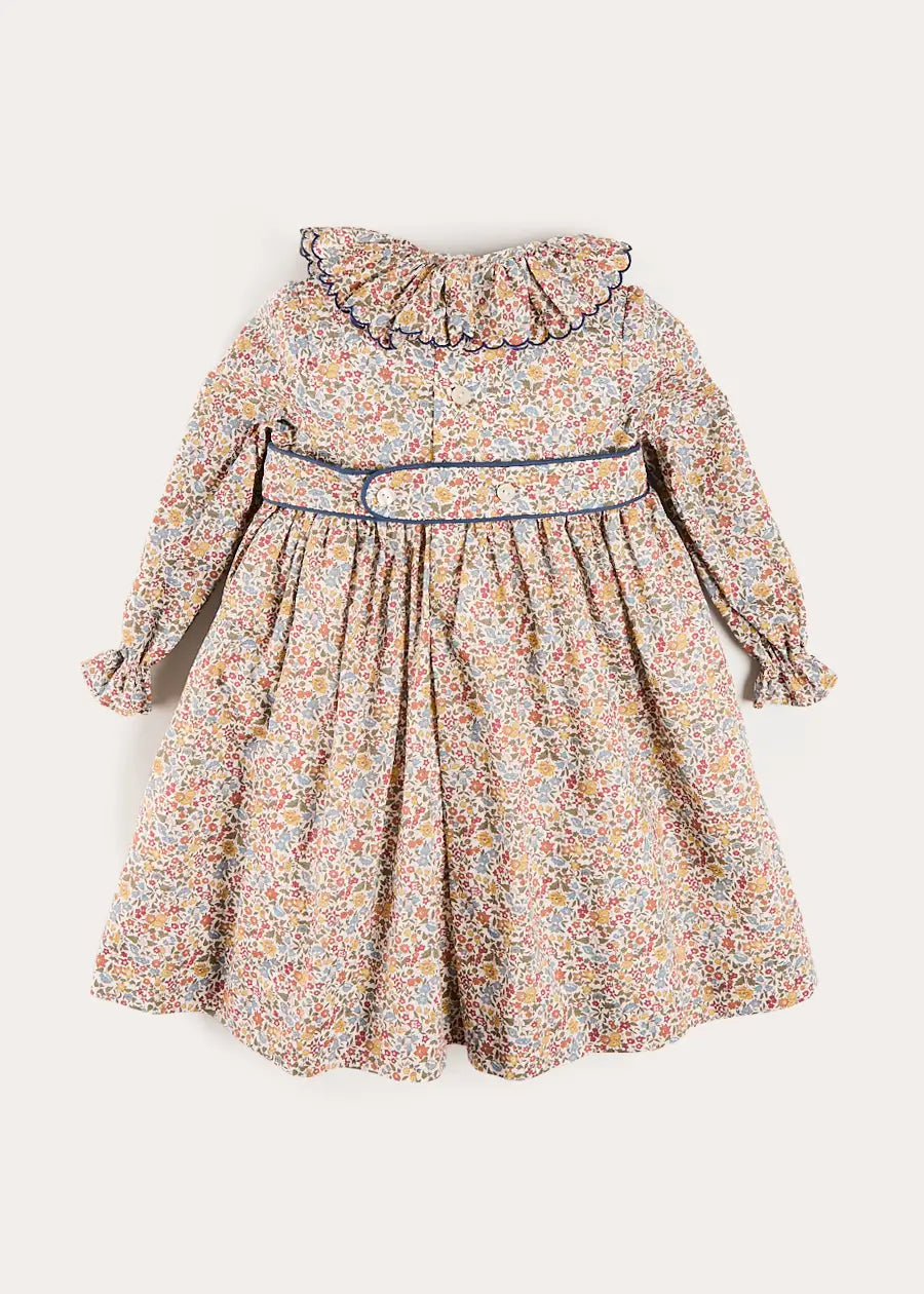 Marianne Floral Long Sleeve Velvet Bow Dress in Mustard Made with Liberty Fabric (2-12yrs) Dresses from Pepa London