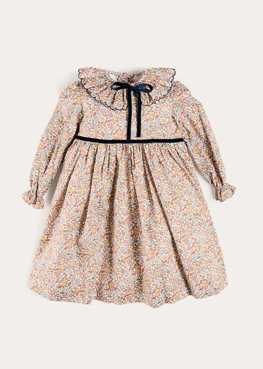 Marianne Floral Long Sleeve Velvet Bow Dress in Mustard Made with Liberty Fabric (2-12yrs) Dresses from Pepa London