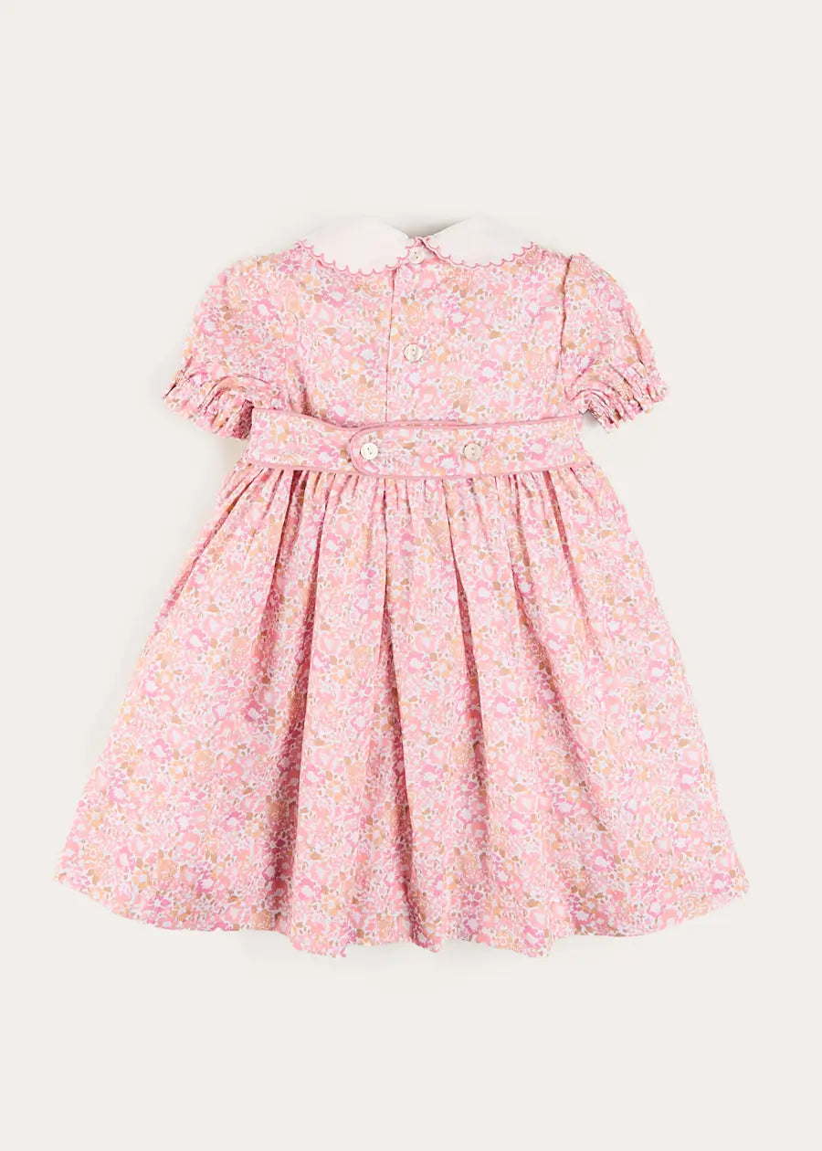 Nellie Floral Hand Smocked Embroidered Peter Pan Collar Dress in Pink (12mths-10yrs) Dresses from Pepa London