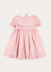 Nellie Floral Hand Smocked Embroidered Peter Pan Collar Dress in Pink (12mths-10yrs) Dresses from Pepa London