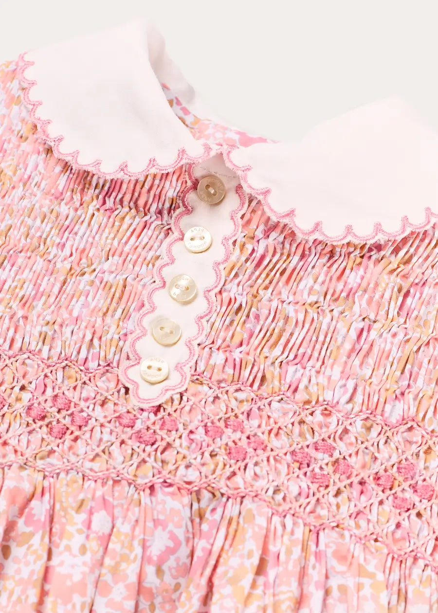 Nellie Floral Hand Smocked Embroidered Peter Pan Collar Dress in Pink (12mths-10yrs) Dresses from Pepa London