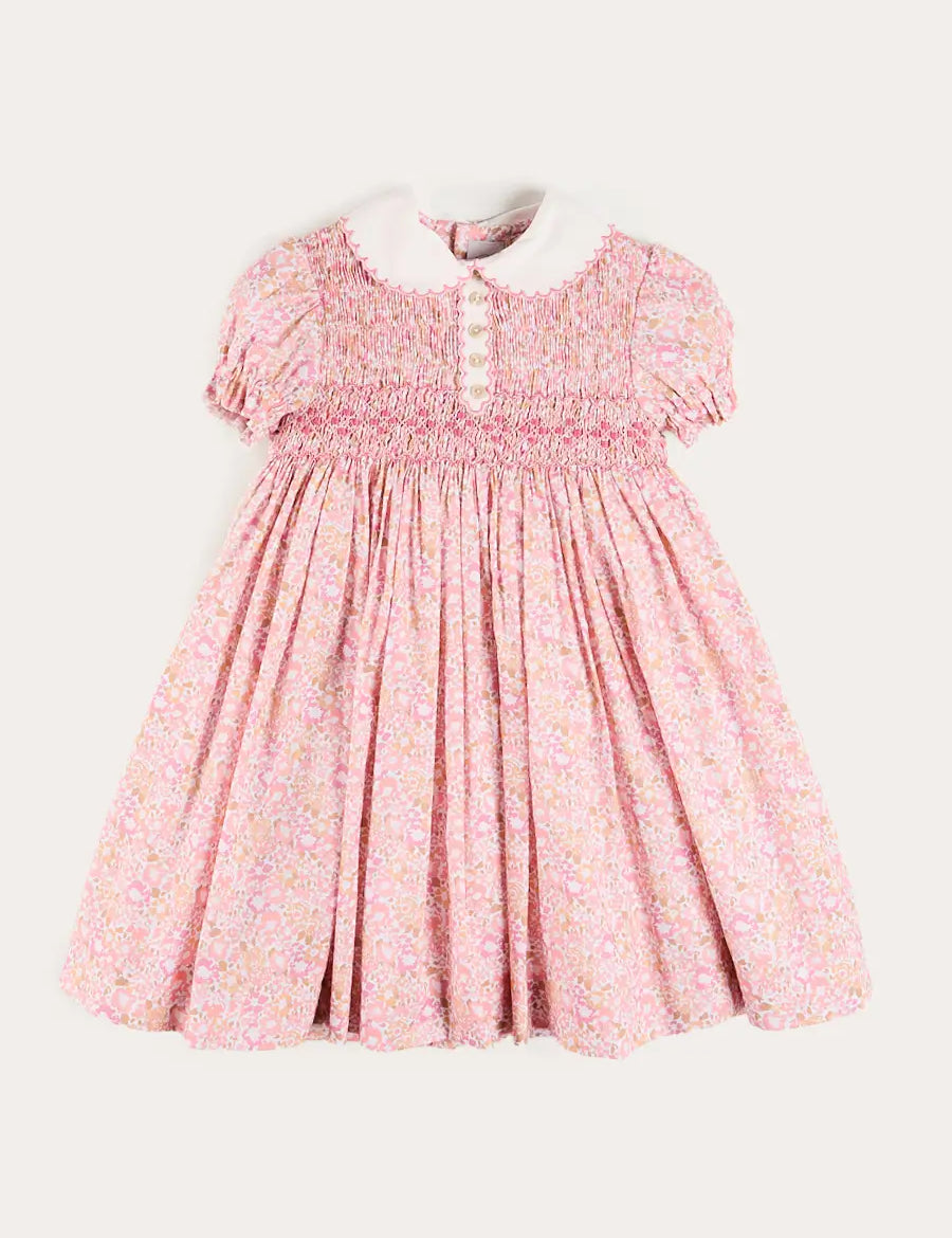 Nellie Floral Hand Smocked Embroidered Peter Pan Collar Dress in Pink (12mths-10yrs) Dresses from Pepa London