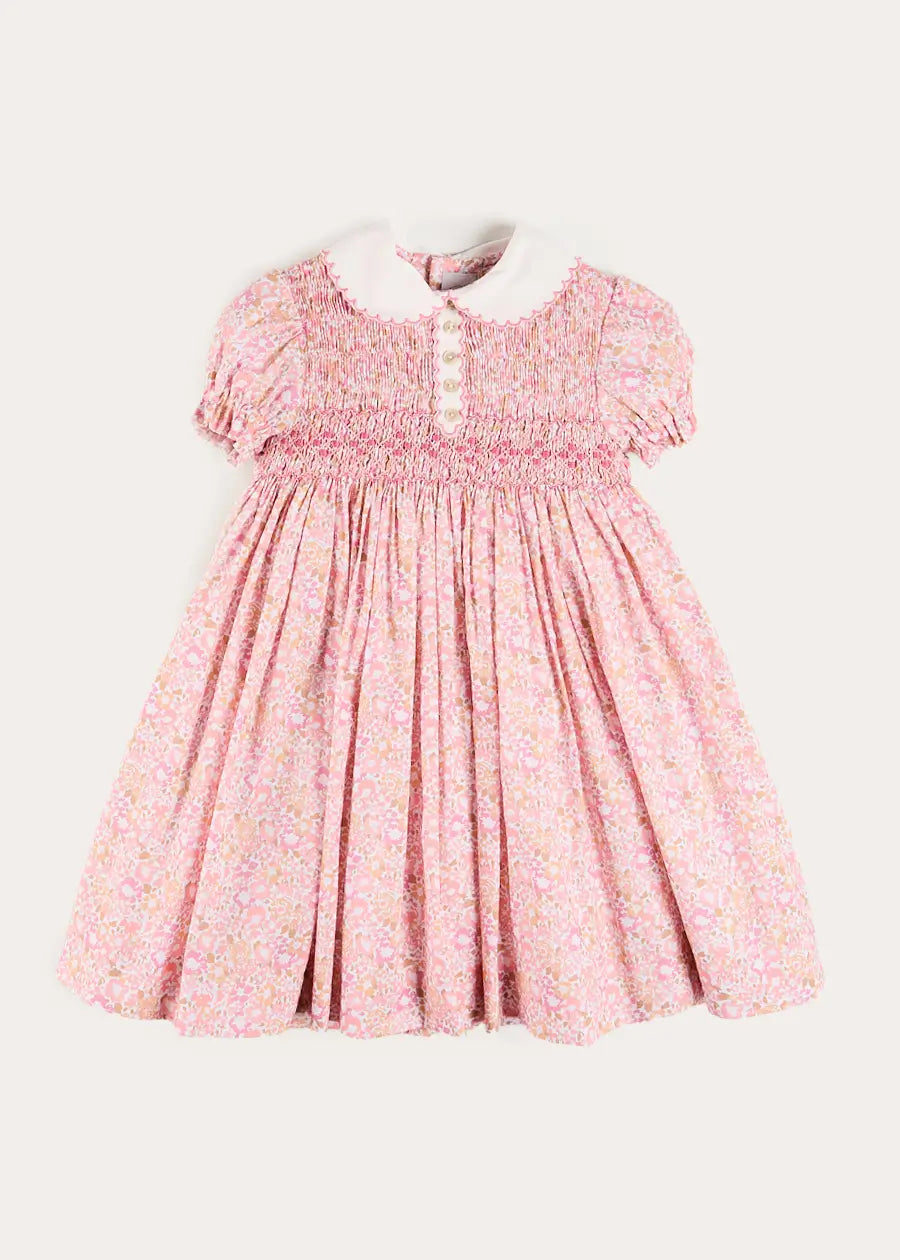 Nellie Floral Hand Smocked Embroidered Peter Pan Collar Dress in Pink (12mths-10yrs) Dresses from Pepa London