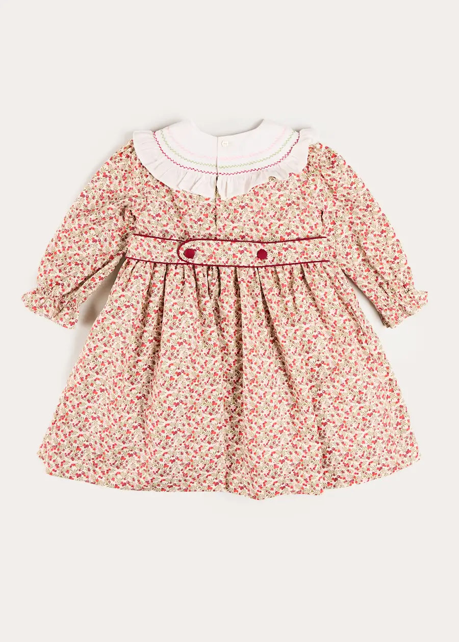 Evelyn Floral Hand Smocked Embroidered Collar Long Sleeve Dress in Pink (12mths-10yrs) Dresses from Pepa London