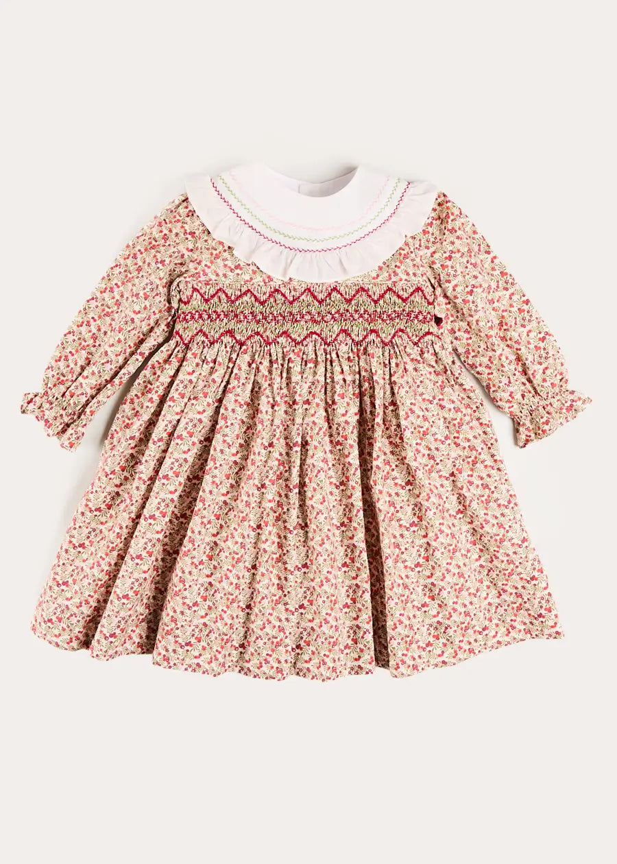 Evelyn Floral Hand Smocked Embroidered Collar Long Sleeve Dress in Pink (12mths-10yrs) Dresses from Pepa London