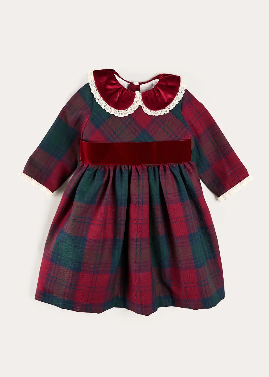 Grosvenor Tartan Lace Detail Velvet Bow Dress in Red (12mths-12yrs) Dresses from Pepa London