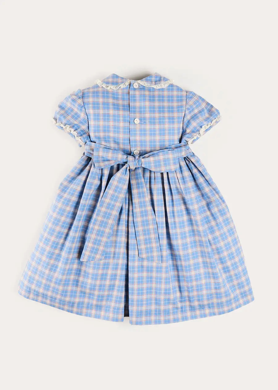 Denby Check Hand Smocked Double Breasted Short Sleeve Dress in Blue (12mths-10yrs) Dresses from Pepa London