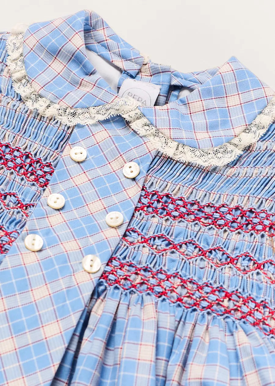Denby Check Hand Smocked Double Breasted Short Sleeve Dress in Blue | Pepa London Denby Check Hand Smocked Double Breasted Short Sleeve Dress in Blue | Pepa London