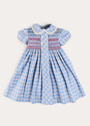 Denby Check Hand Smocked Double Breasted Short Sleeve Dress in Blue (12mths-10yrs) Dresses from Pepa London