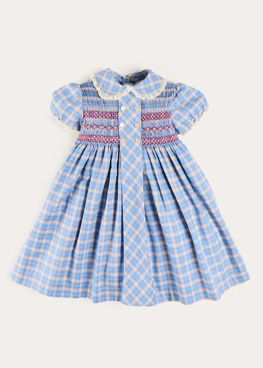 Denby Check Hand Smocked Double Breasted Short Sleeve Dress in Blue | Pepa London Denby Check Hand Smocked Double Breasted Short Sleeve Dress in Blue | Pepa London
