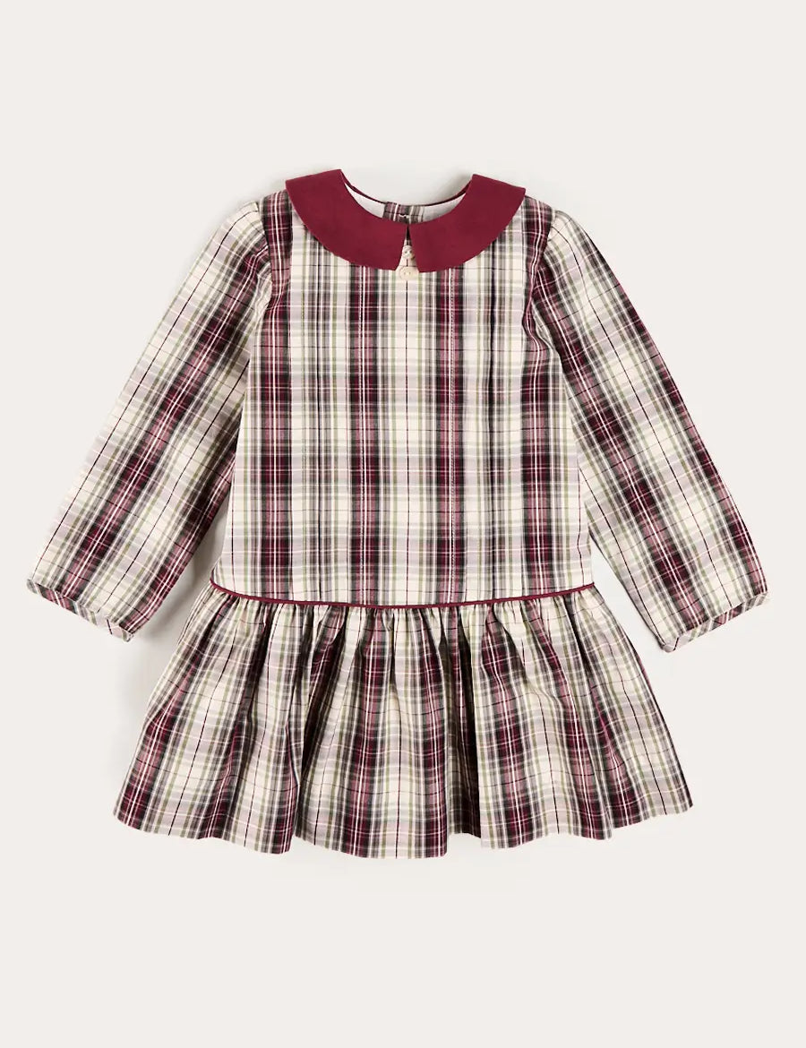 Whittaker Check Long Sleeve Pleated Dress in Burgundy (18mths-12yrs) Dresses from Pepa London