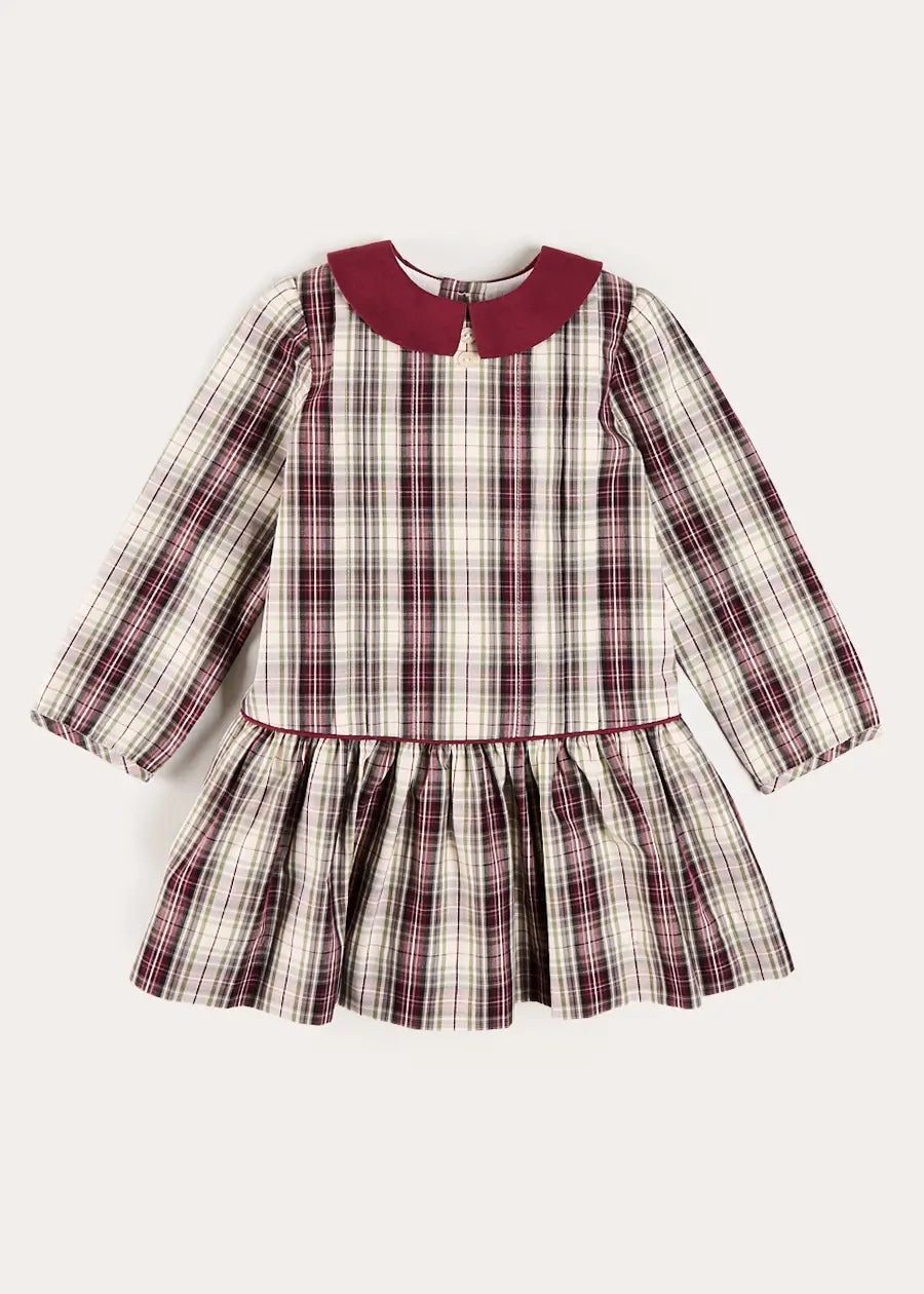 Whittaker Check Long Sleeve Pleated Dress in Burgundy (18mths-12yrs) Dresses from Pepa London