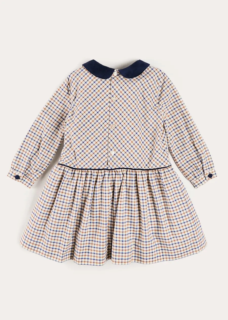 Thirleby Check Velvet Collar Button Detail Long Sleeve Dress in Camel (18mths-12yrs) Dresses from Pepa London