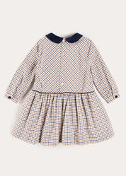 Thirleby Check Velvet Collar Button Detail Long Sleeve Dress in Camel (18mths-12yrs) Dresses from Pepa London