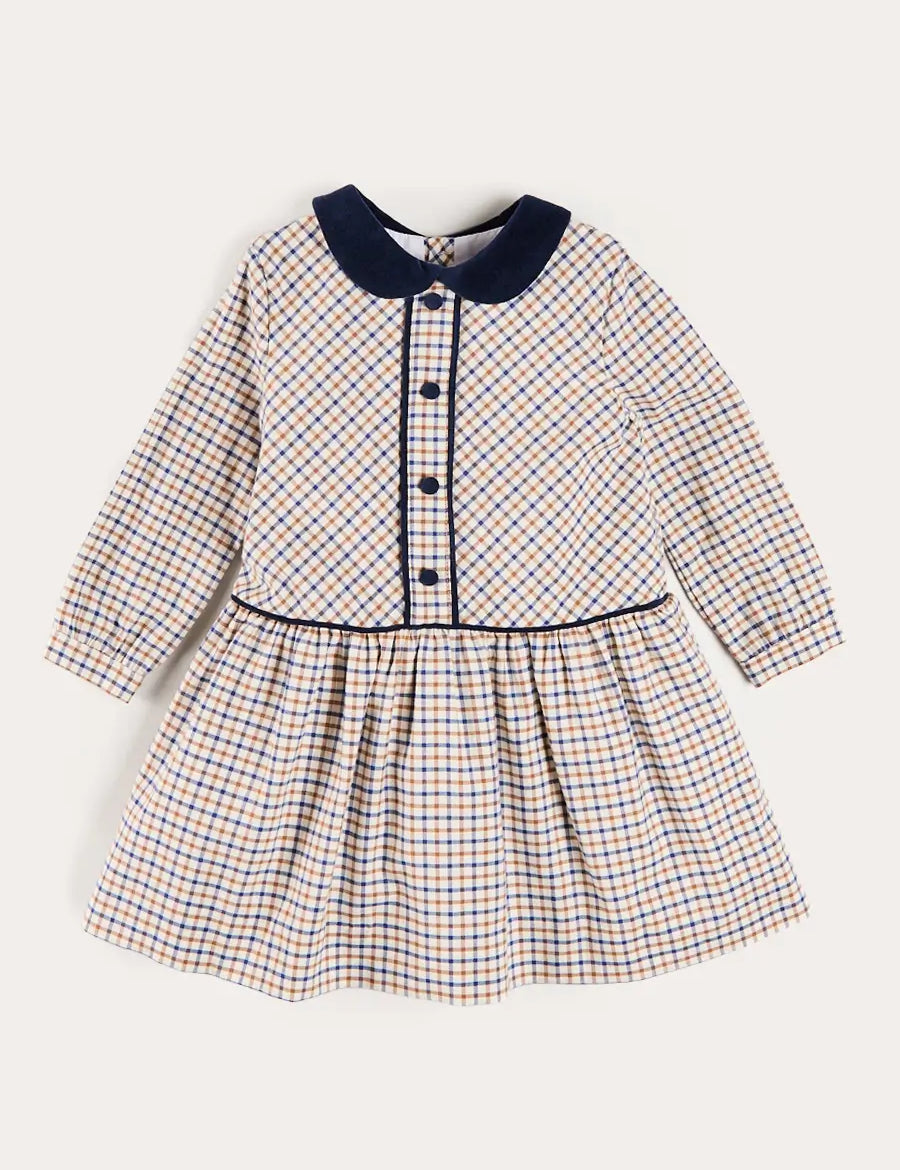Thirleby Check Velvet Collar Button Detail Long Sleeve Dress in Camel (18mths-12yrs) Dresses from Pepa London
