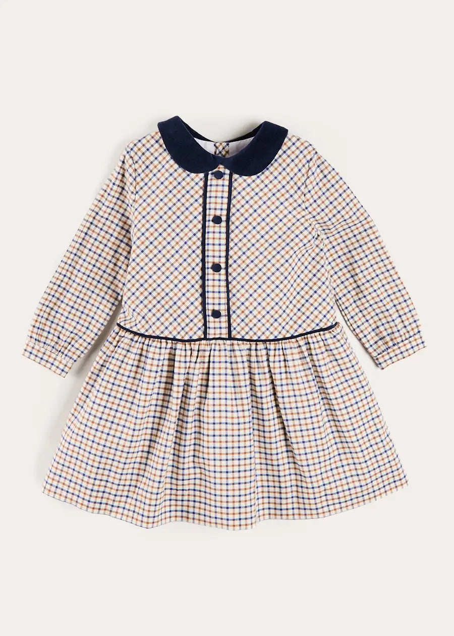 Thirleby Check Velvet Collar Button Detail Long Sleeve Dress in Camel (18mths-12yrs) Dresses from Pepa London