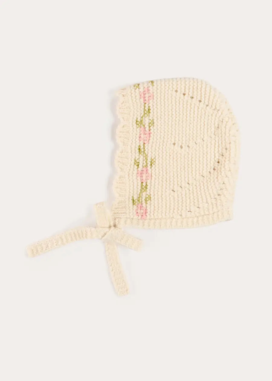 Alpaca Wool Floral Embroidered Bonnet in Cream (S-L) Bonnets from Pepa London