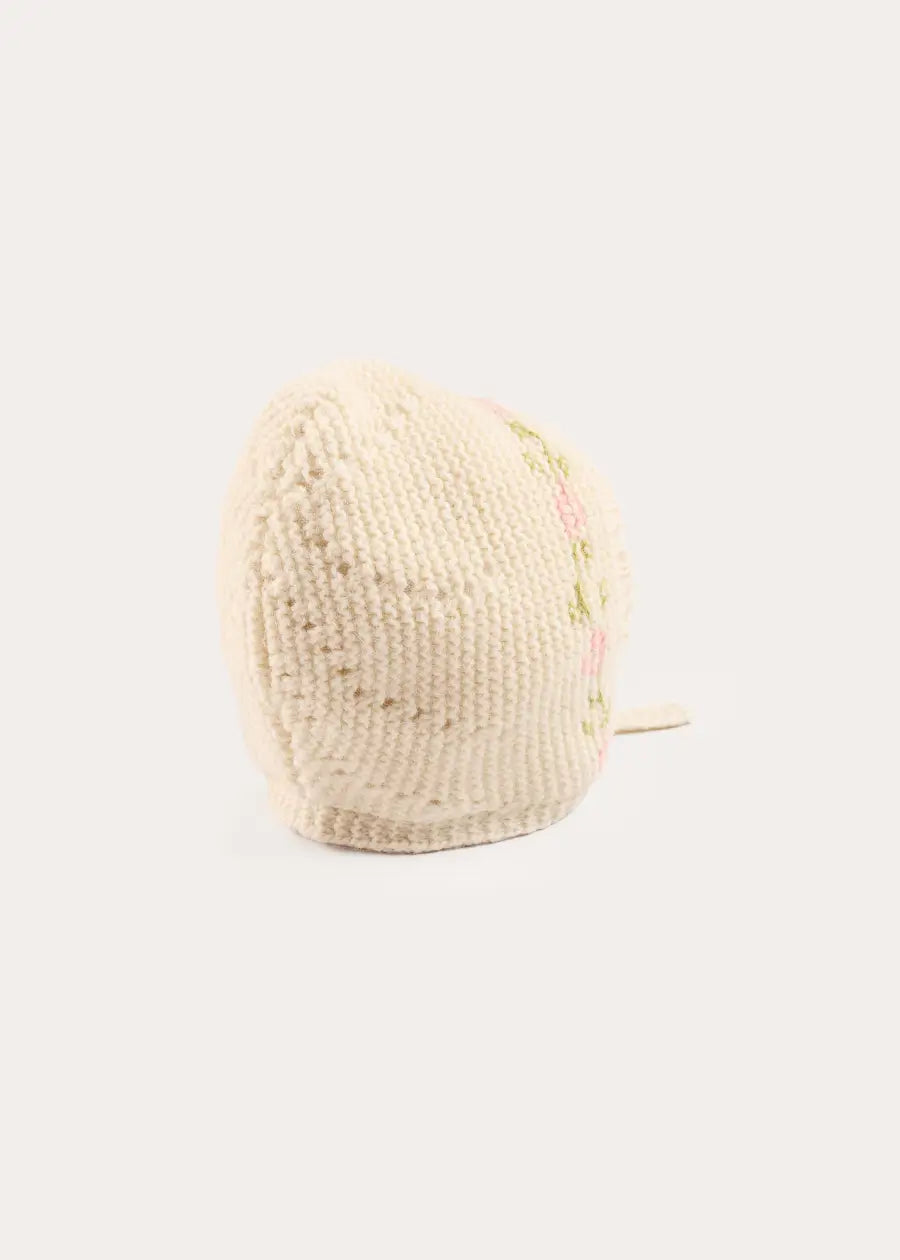 Alpaca Wool Floral Embroidered Bonnet in Cream (S-L) Bonnets from Pepa London