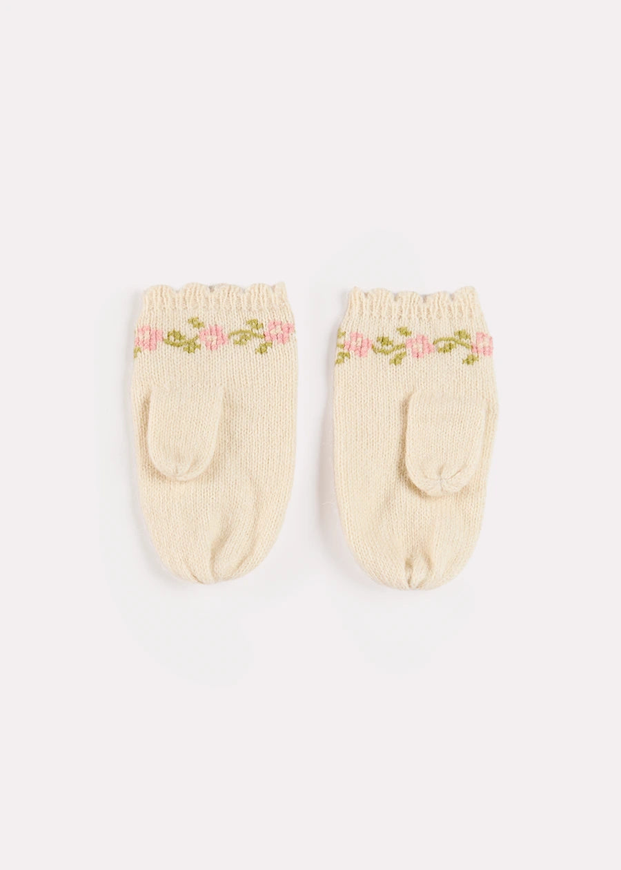 Alpaca Wool Flower Embroidered Mittens in Cream (XS-L) Knitted Accessories from Pepa London