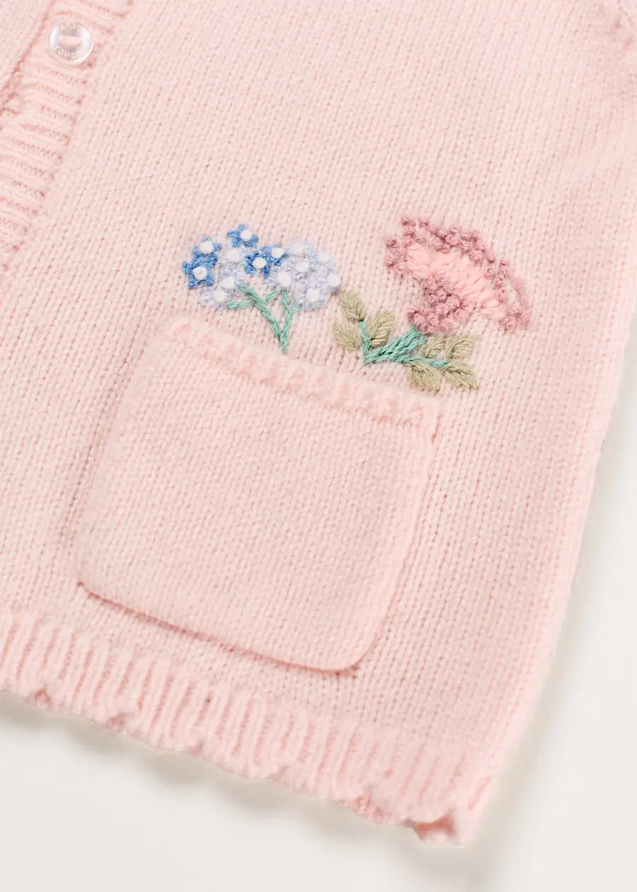 Wildflower Embroidered Pocket Detail Cardigan in Pink (1mth-3yrs) Knitwear from Pepa London