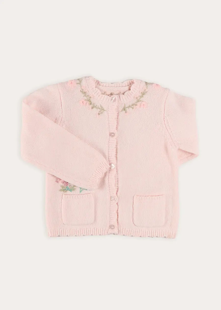 Wildflower Embroidered Pocket Detail Cardigan in Pink (1mth-3yrs) Knitwear from Pepa London