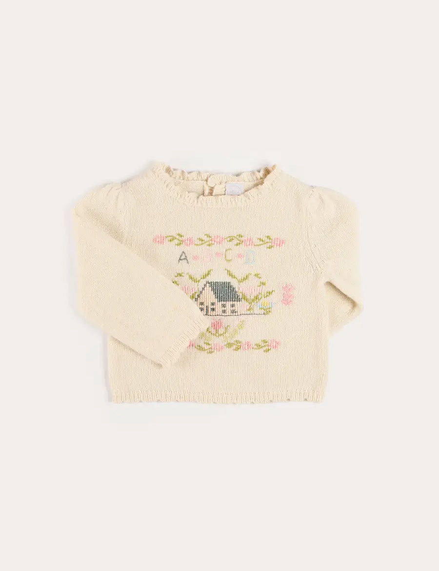 Alpaca Wool Cottage Cross Stitch Embroidered Jumper in Cream (6mths-4yrs) Knitwear from Pepa London