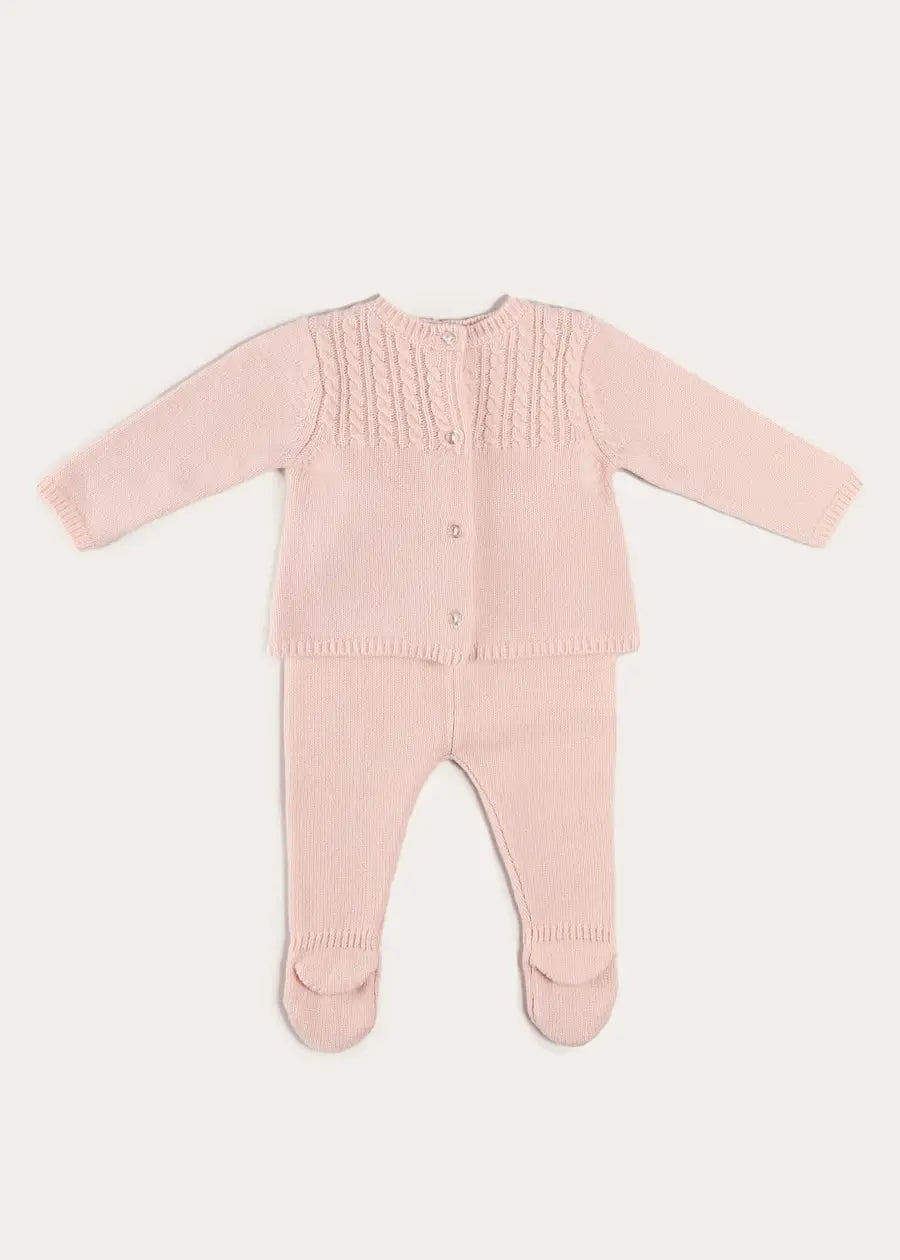 Cashmere Long Sleeve Cable Knitted Set in Pink (1mth-12mths) Knitted Sets from Pepa London