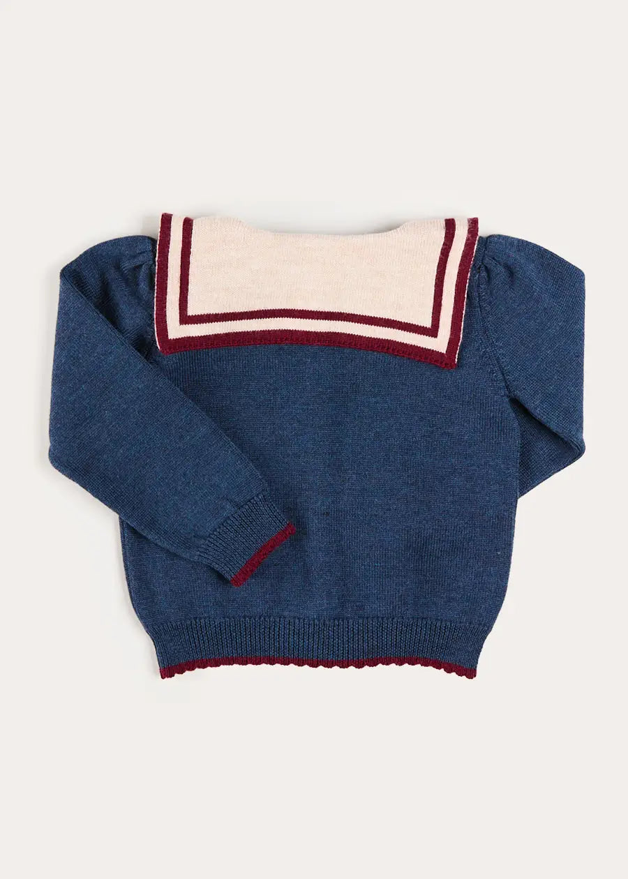 Mariner Collar Jacquard Boat Embroidered Detail Cardigan in Navy (3-10yrs) Knitwear from Pepa London