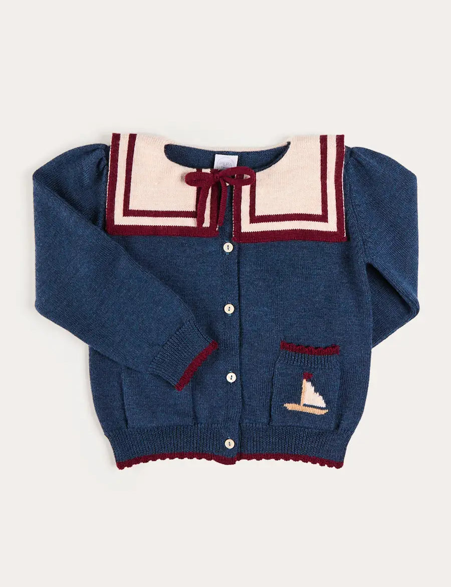 Mariner Collar Jacquard Boat Embroidered Detail Cardigan in Navy (3-10yrs) Knitwear from Pepa London