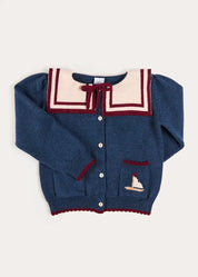 Mariner Collar Jacquard Boat Embroidered Detail Cardigan in Navy (3-10yrs) Knitwear from Pepa London