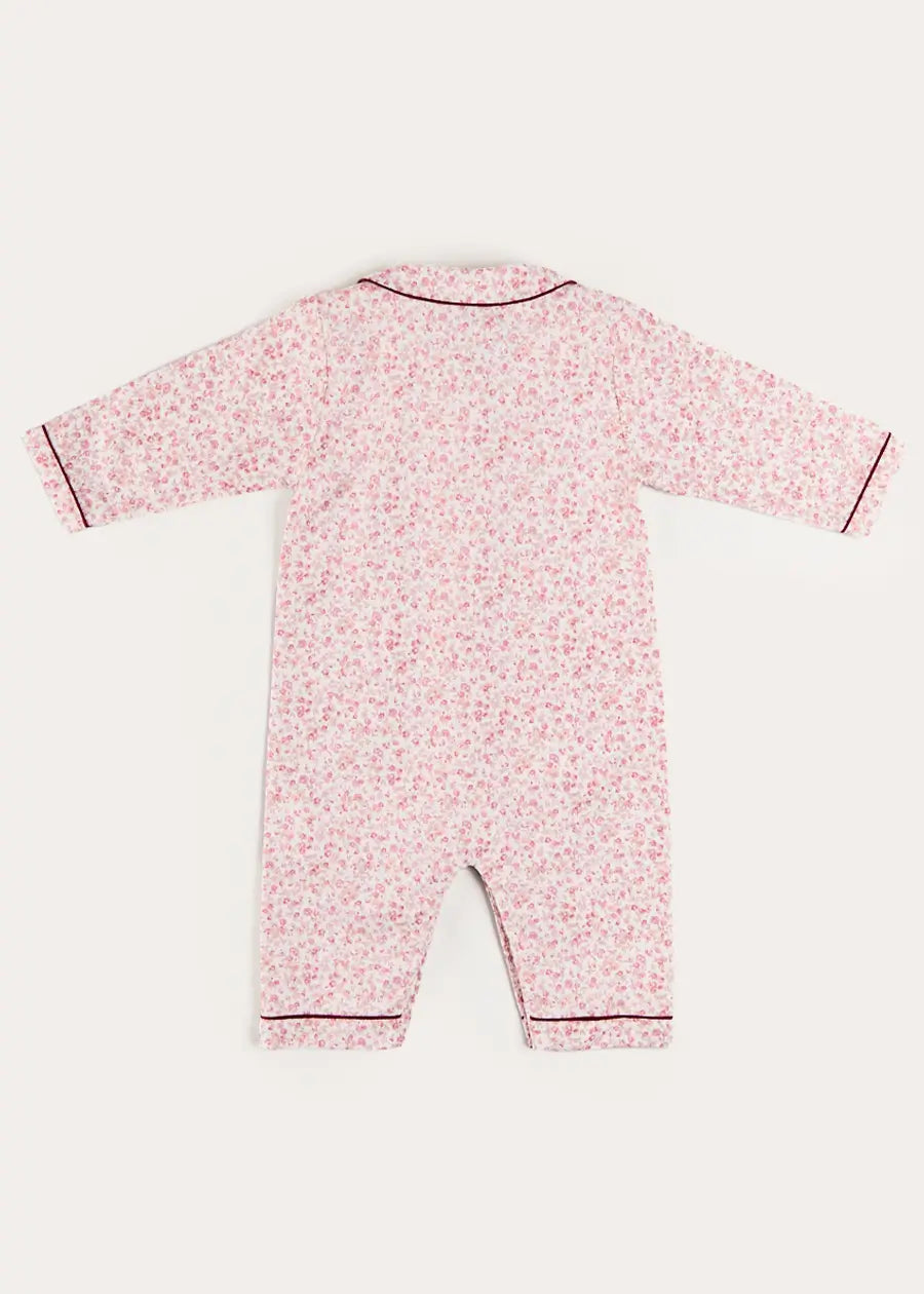 Jane Floral Long Sleeve All In One Pyjamas with Burgundy Piping in Pink (6mths-3yrs) #N/A from Pepa London