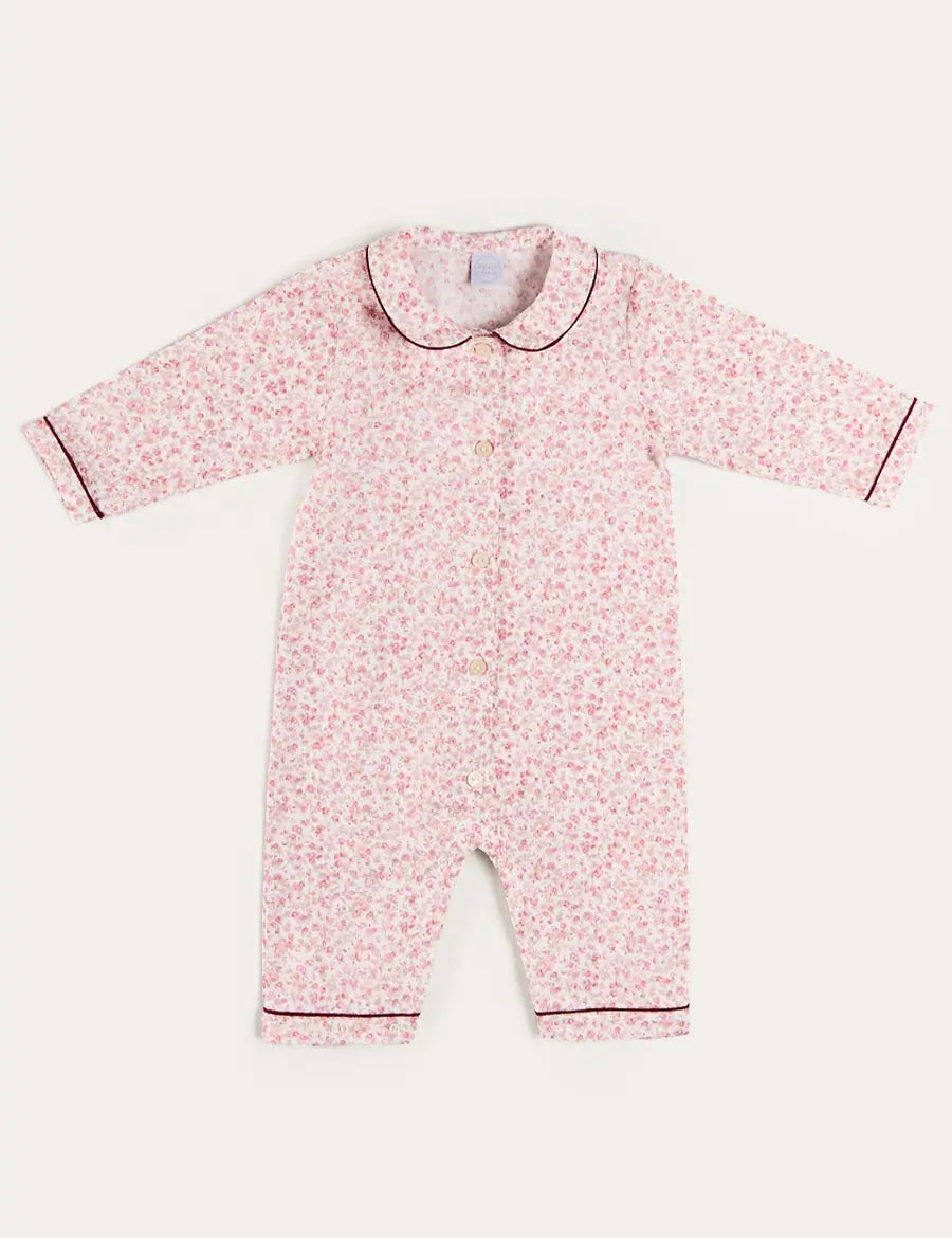 Jane Floral Long Sleeve All In One Pyjamas with Burgundy Piping in Pink (6mths-3yrs) NIGHTWEAR from Pepa London