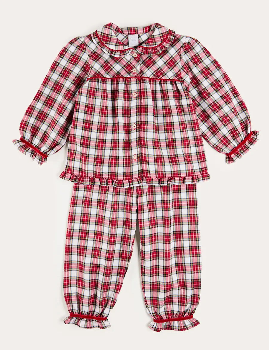 Francis Tartan Velvet Trim Pyjamas in Red (18mths-10yrs) Nightwear from Pepa London