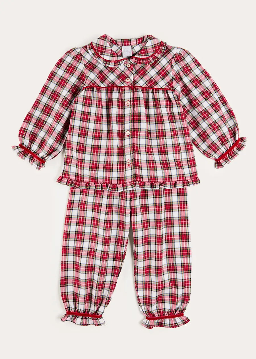 Francis Tartan Velvet Trim Pyjamas in Red (18mths-10yrs) Nightwear from Pepa London