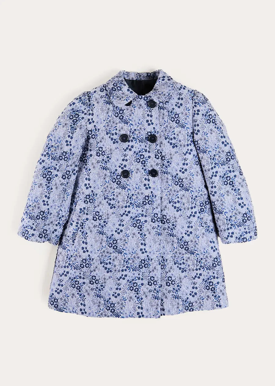 Eleanor Floral Jaquard Long Sleeve Coat Coat in Blue (4-10yrs) Coats from Pepa London