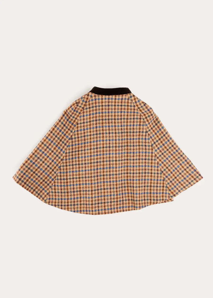 Vincent Check Velvet Collar Gold Button Detail Cape in Brown (2-8yrs) Coats from Pepa London