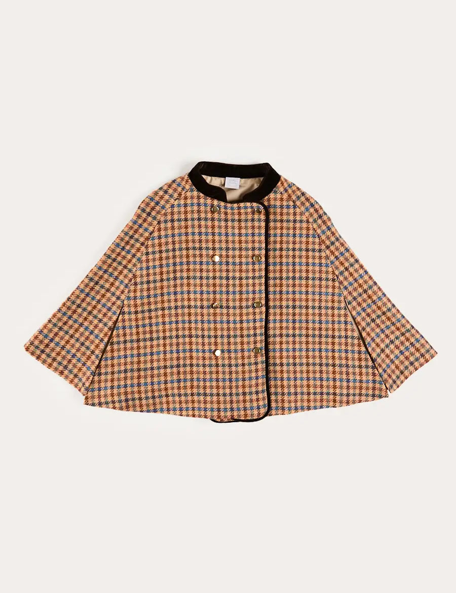 Vincent Check Velvet Collar Gold Button Detail Cape in Brown (2-8yrs) Coats from Pepa London