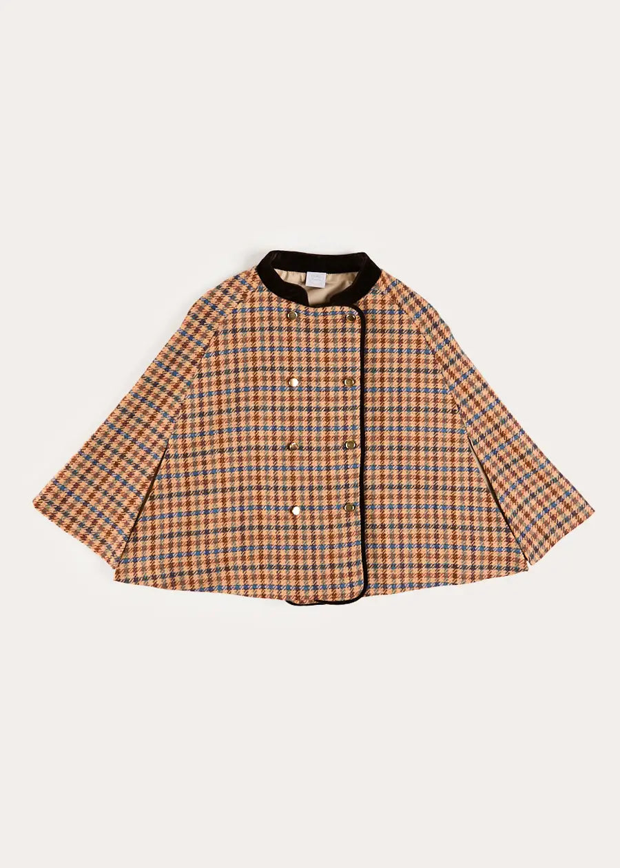 Vincent Check Velvet Collar Gold Button Detail Cape in Brown (2-8yrs) Coats from Pepa London