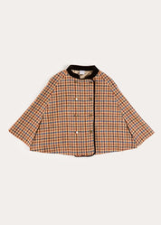Vincent Check Velvet Collar Gold Button Detail Cape in Brown (2-8yrs) Coats from Pepa London