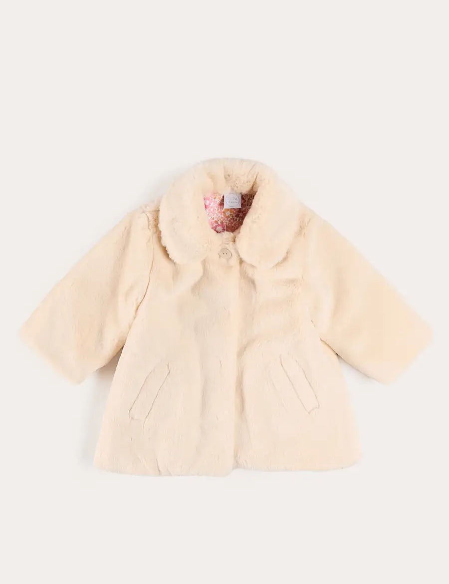 Faux Fur Pocket Detail Nellie Floral Lined Coat in Cream (2-10yrs) Coats from Pepa London