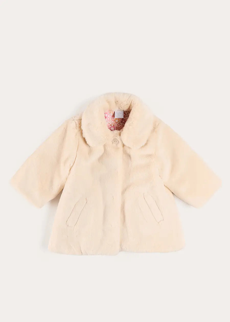 Faux Fur Pocket Detail Nellie Floral Lined Coat in Cream (2-10yrs) Coats from Pepa London