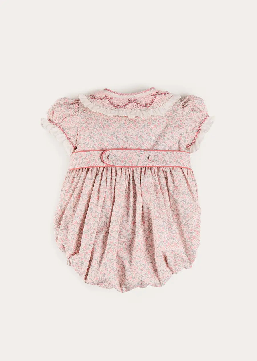 Adelaide Floral Hand Smocked Hand Smocked Romper in Pink (3mths-2yrs) Rompers from Pepa London