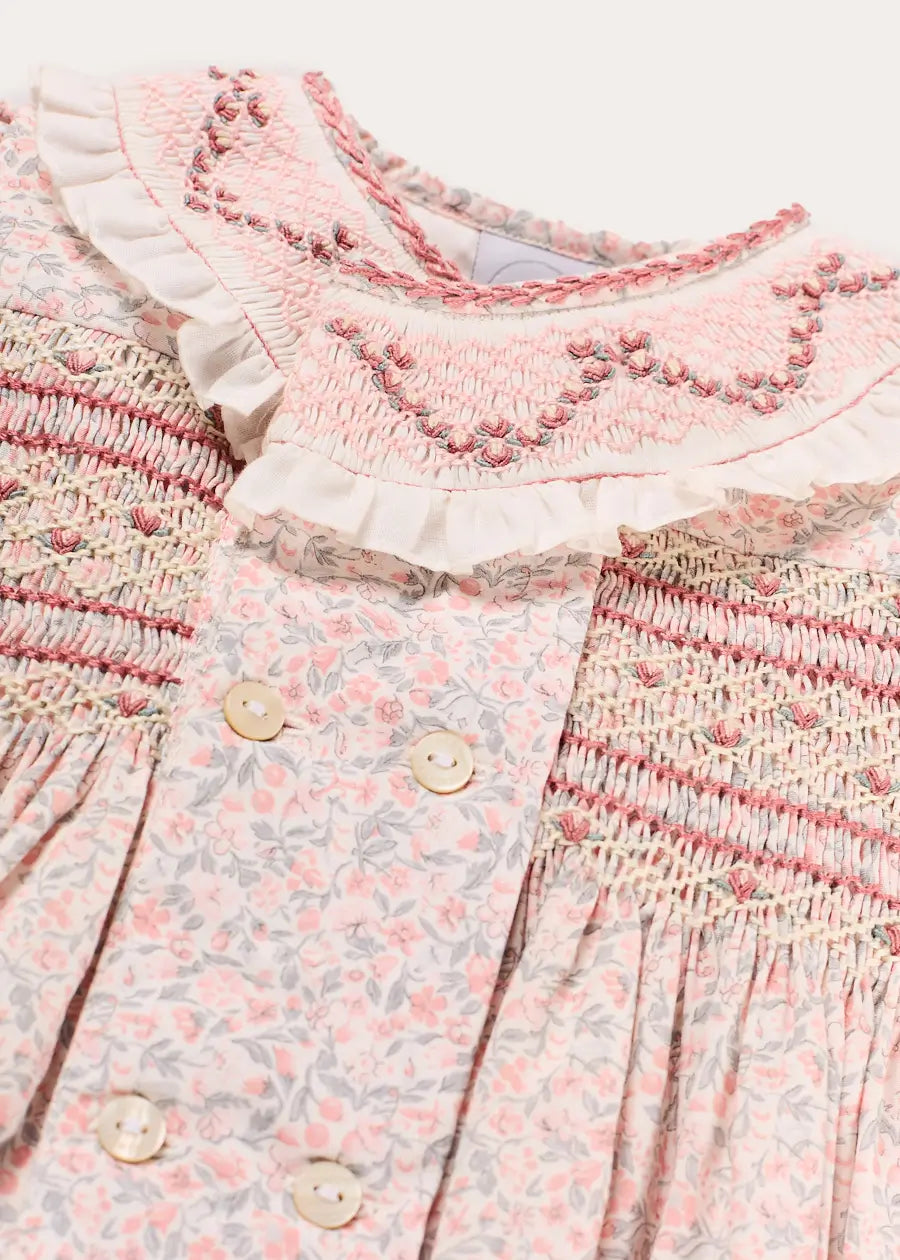 Adelaide Floral Hand Smocked Hand Smocked Romper in Pink (3mths-2yrs) Rompers from Pepa London