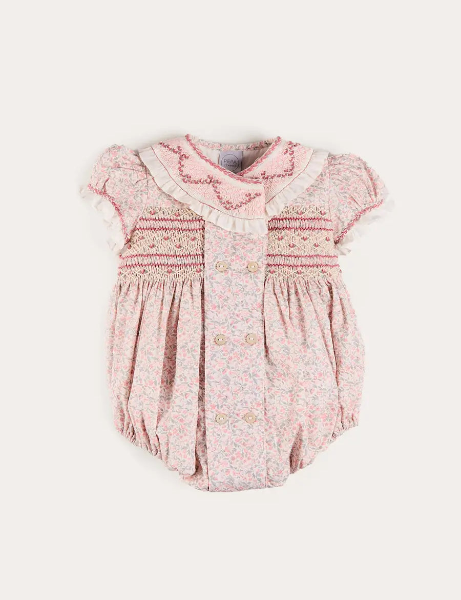 Adelaide Floral Hand Smocked Hand Smocked Romper in Pink (3mths-2yrs) Rompers from Pepa London