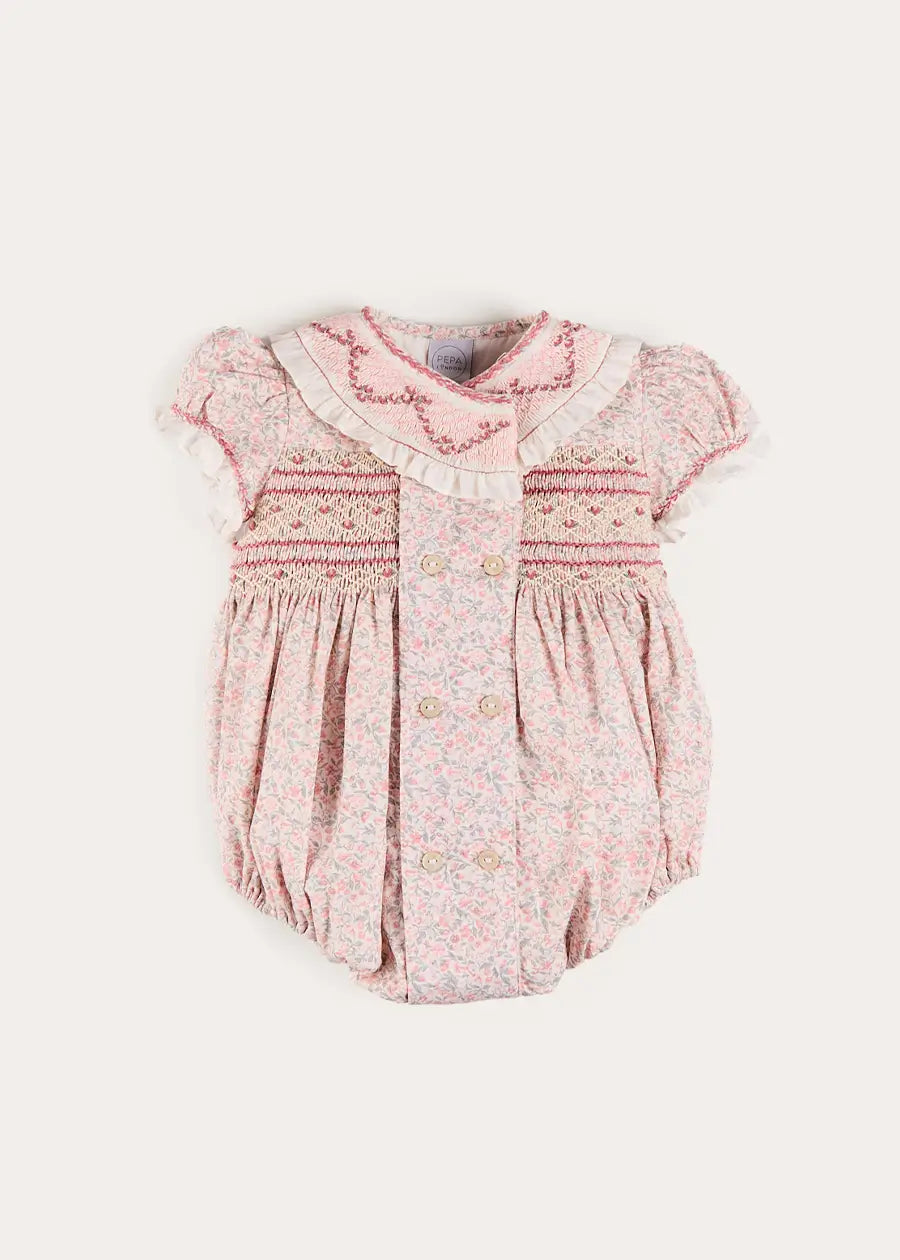Adelaide Floral Hand Smocked Hand Smocked Romper in Pink (3mths-2yrs) Rompers from Pepa London