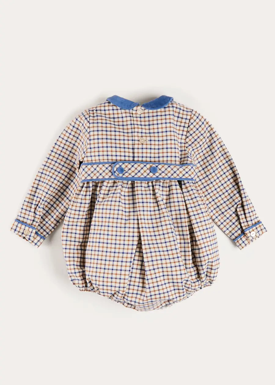 Thirleby Check Velvet Peter Pan Collar Long Sleeve Romper in Blue (6mths-3yrs) Rompers from Pepa London