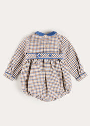 Thirleby Check Velvet Peter Pan Collar Long Sleeve Romper in Blue (6mths-3yrs) Rompers from Pepa London
