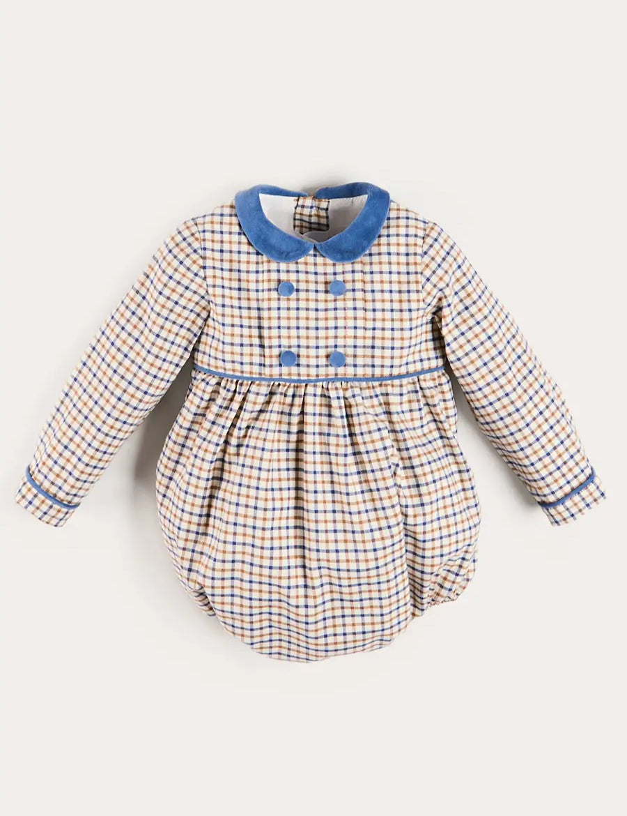 Thirleby Check Velvet Peter Pan Collar Long Sleeve Romper in Blue (6mths-3yrs) Rompers from Pepa London